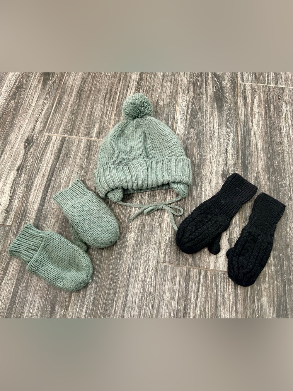 H&M Kids Knit Pom Hat with Matching Sage Green Mittens & Black Cable Mitts 3/4 T